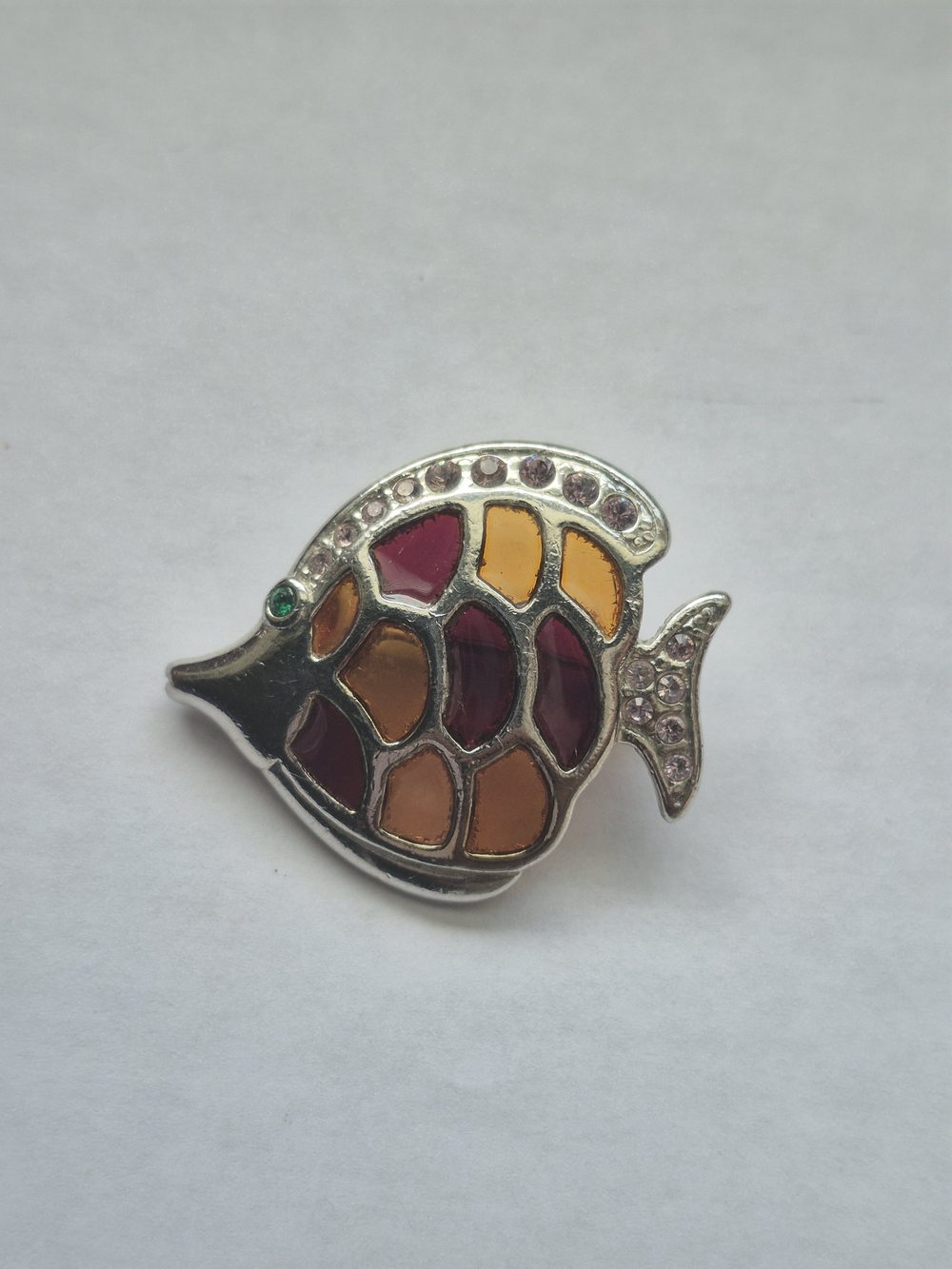 Plique A Jour Stained Glass Effect Amber Colored Fish Brooch